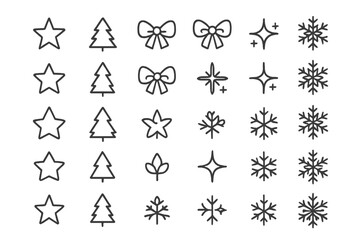 Holiday themed icons featuring stars, trees, bows, and snowflakes in a simple design for festive use