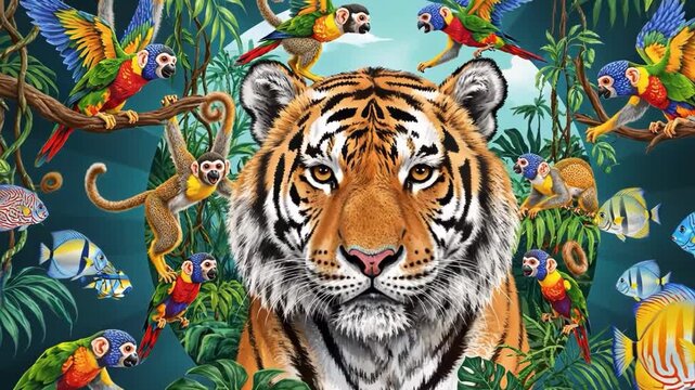 Tiger surrounded by tropical wildlife in a lush jungle setting