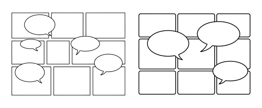 Blank comic strip templates, Blank Comic Strip Book, Empty comic page template vector line art style, Blank Comic Strip Layout with Speech Bubbles Panel Frames