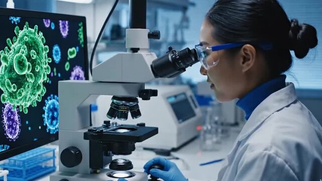 A focused scientific professional, wearing a white lab coat and protective eyewear, meticulously operates an advanced microscope in a pristine modern laboratory. Beside them, a digital monitor display