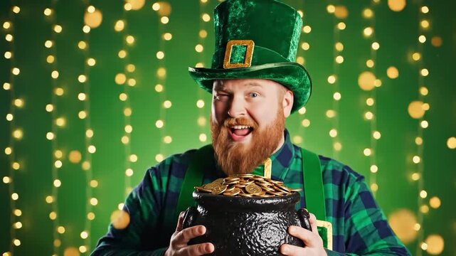 Man in leprechaun hat celebrating with a pot of gold sparks