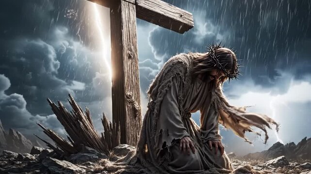 Jesus christ kneeling by the cross during a storm with lightning