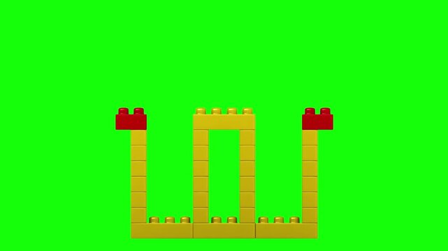 3D rendered animation of plastic building blocks on green screen