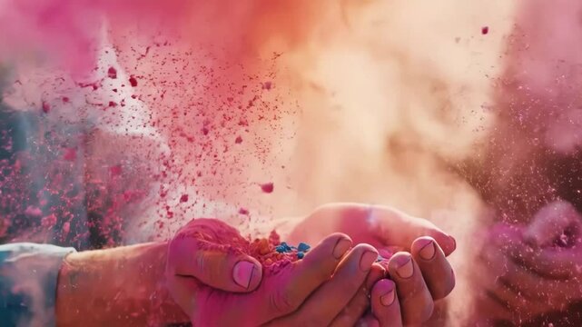 Hands holding colorful holi powder during a vibrant festival celebration