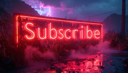 Neon Subscribe Sign Amidst Misty Landscape with Lightning.