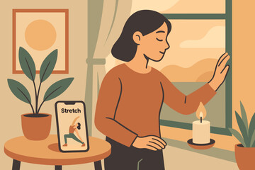 Person stretches by a window while following a phone workout in a cozy indoor space during the day