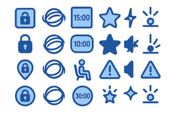 Various simple icons and symbols used for alerts and notifications in blue color displayed on a white background during a digital design session