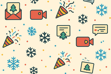 Colorful holiday decoration with trees, gifts, and party elements on a light background for celebration design