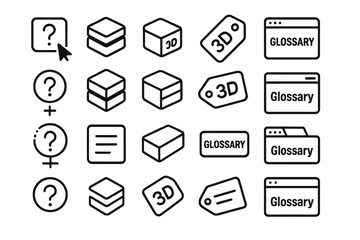Icons showing 3D items, glossary terms, and symbols representing genders and questions against a simple background