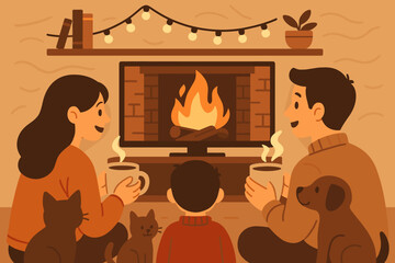 Plakat Family enjoys warm drinks together by the fire while watching TV on a cozy evening at home with pets
