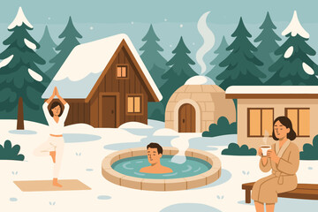 Group enjoys winter activities near cozy cabins in snowy landscape with a hot tub and yoga practice