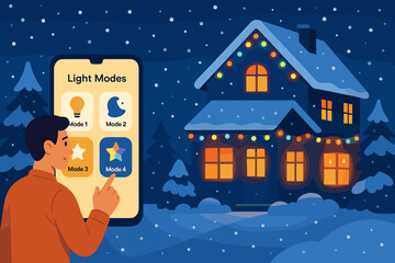 Smart device controls light modes on a snowy night in a festive neighborhood setting