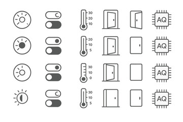 Illustrations of various controls and indicators used for monitoring and adjusting environmental settings in a simple layout