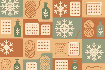 Patterns of yarn, bottles, and snowflakes on a colorful background in a craft setting