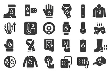 Icons represent heating and warming tools used for cold weather activities and environments