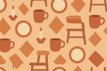Patterns of cups, chairs, and candles on a simple background with various shapes and forms