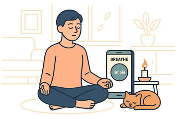 Person sits cross-legged on a rug while practicing mindfulness and meditation next to a cat and a phone showing breathing exercise