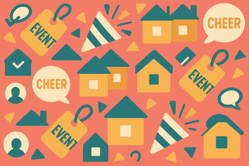 Colorful design featuring houses and event tags on a vibrant background with cheerful elements for decoration and celebration