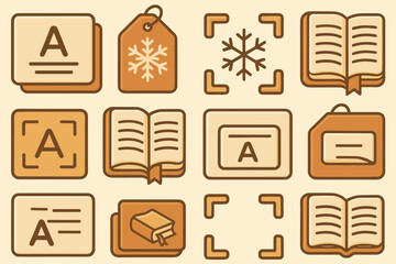 Different symbols and icons show various activities and items related to reading and labeling in a simple layout format