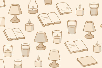 Patterns of books, lamps, and candles on a light background with different shapes and objects placed randomly and together