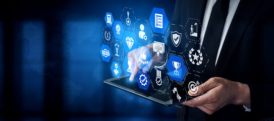 Quality approval and certification icons showing verified badge, standard check, award, trophy,...