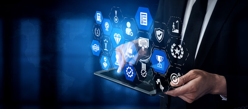 Quality approval and certification icons showing verified badge, standard check, award, trophy, inspection, rating, quality management, guarantee, trust, and compliance. Entice