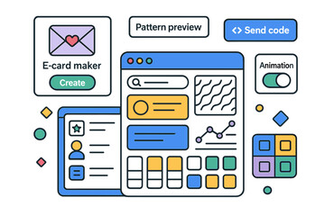 E-card maker displays various templates and features for creating digital greeting cards online