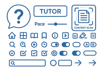 Icons and symbols used for education and learning activities in various formats and styles on a digital platform
