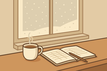 Warm coffee and open notebook sit on a wooden table by the window with falling snow in a quiet space during winter