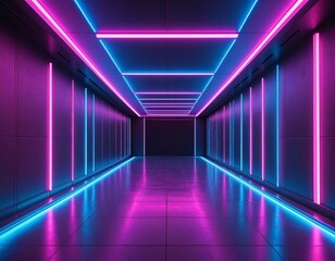 Neon Tunnel - Futuristic Corridor with Vibrant Lighting and Reflections.