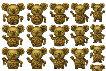 Fototapeta premium Collection of gold-colored koala figures with green eyes and leaf designs displayed in different poses