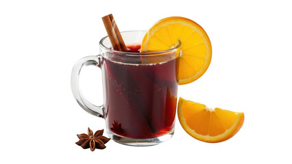 Warm mulled wine with orange and cinnamon isolated on transparent background