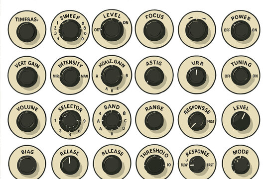 Settings for sound equipment in a recording studio showing various knobs and dials in a neat arrangement