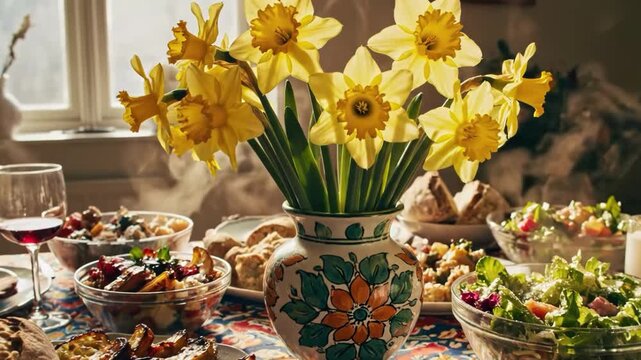 Spring brunch table setting with daffodils, bread, and salads