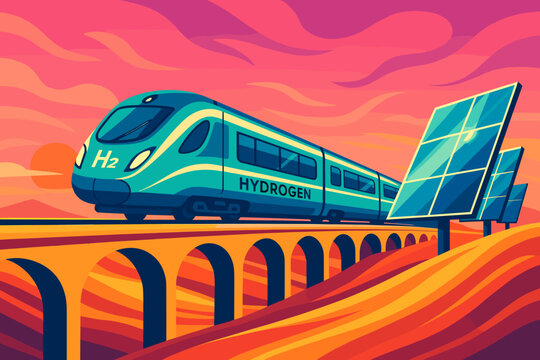 Hydrogen train travels over a bridge with solar panels in a colorful sunset setting