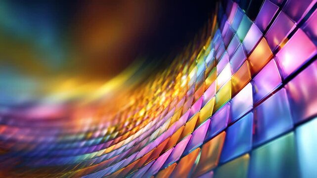 Colorful light reflections create patterns in a digital space with a focus on vibrant tiles and a swirling motion