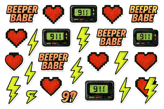 Stickers of hearts, lightning bolts, and beepers with the phrase Beeper Babe and emergency number displayed in bright colors