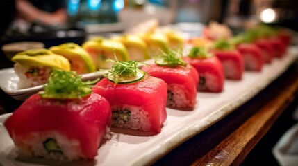 Fresh sushi platter featuring vibrant colors and delicate presentation showcasing tuna and mango rolls in a cozy restaurant setting