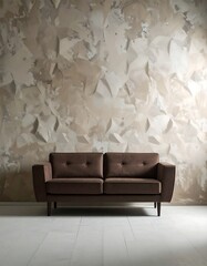 Modern Brown Sofa Against Textured Wall in Minimalist Interior.