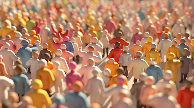 A large crowd of people wearing different colored hoodies fills the frame, with most faces obscured