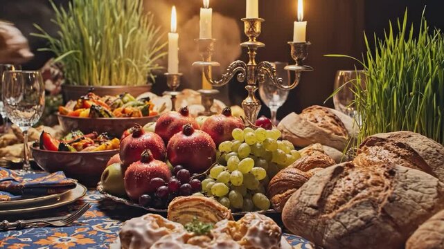 Festive holiday table spread with bread, fruits, pastries, and lit candlesticks