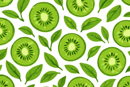 Kiwi slices and green leaves create a pattern on a white background in a design setup