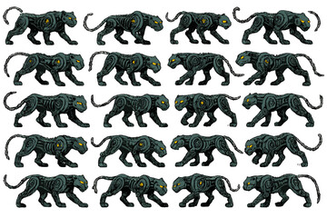 Black panther robots in various walking positions on a white background in a digital art format
