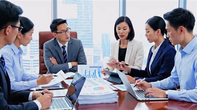 team analyzing quarterly figures around table - finance lead points at spreadsheets while analysts input data on laptops - urban office window view - concentrated collaborative energy