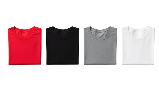 Four folded t-shirts in red, black, gray, and white isolated on transparent background