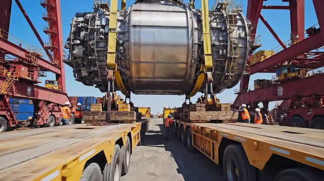Safety team assists in positioning massive industrial equipment securely - Giant port cranes carefully hoist oversized industrial structures onto multiple trailer units with expert guidance