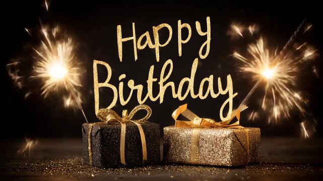 Sparkling luxury birthday scene with black and gold theme, bright fireworks illuminating the background and elegant metallic text Happy Birthday with gift decorations