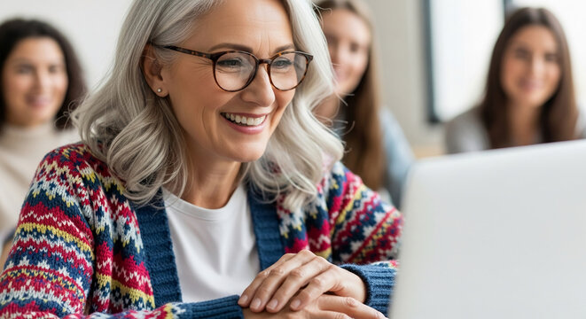 Smiling mature woman with gray hair wearing glasses and a patterned cardigan uses a laptop,  representing active aging and modern technology use