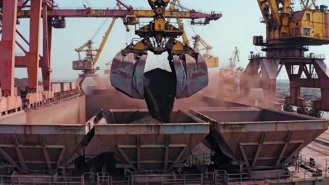 heavy duty grab crane dropping iron ore into ship hold - red dust plume and massive cargo bays - port quay with multiple cranes - large scale maritime export operation and gritty industrial