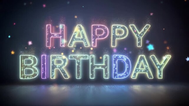 Star themed birthday background with luminous glowing text Happy Birthday in bright colors, sparkling star particles floating in soft balanced lighting